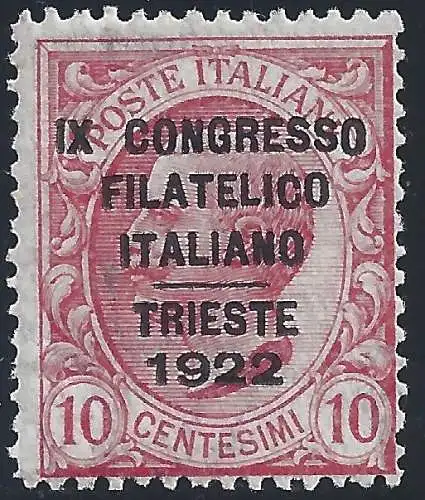 1922 Italien - Königreich, Nr. 123 Philateliekongress 10c. postfrisch ** Zertifikat. Raybaudi