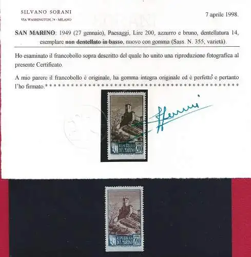 1949 SAN MARINO, Nr. 355 Landschaften 200 Lire postfrisch ** varieta' Cert. Sorani