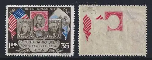 1947 SAN MARINO, Erste US-Briefmarke, Nr. 334fa 35 Lire postfrisch/** seltene sorte Firma Raybaudi