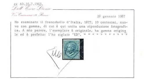 1877 Königreich Italien - 10 Cent Blau, Nr. 27 MLH *, Cert.Enzo Diena + Alberto Diena