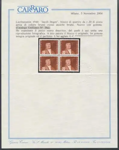 1948 LIECHTENSTEIN - PA 24/33 + 33a 11 MNH Werte** Fotokopie Zertifikat Carraro für die 26.
