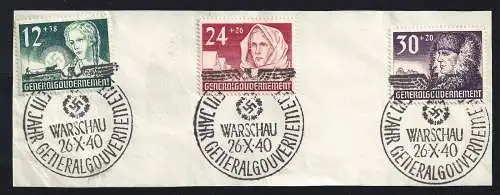 1940 POLEN Generalgouvernement - Nr. 72-74, 3 Werte auf Fragment, Stornierung Erster Tag der Ausgabe - corcelled first day cover
