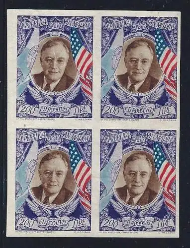 1947 SAN MARINO, PA Nr. 68b Präsident Roosevelt MNH/** QUARTINA