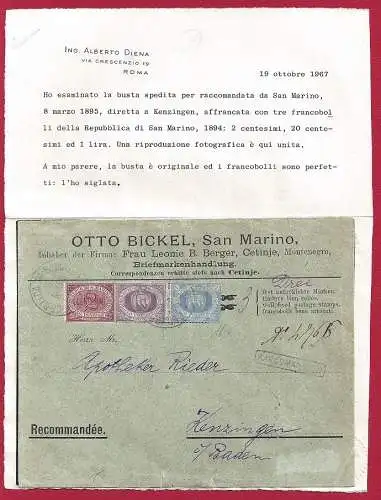 1895 SAN MARINO, Nr. 26-29-31 Blaue Lira auf Buchstabe SELTEN Zertifikat A.Diena