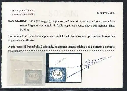 1939 SAN MARINO, Tassen Nr. 58b - 40 Cent blau und braun - Ohne Wasserzeichen - postfrisch** Cert. Sorani – Blattecke