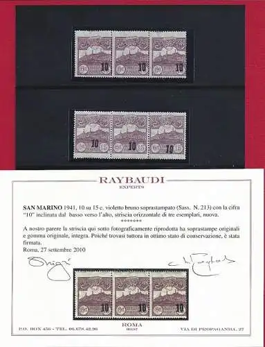 1941 SAN MARINO, Nr. 213b Streifen von drei MNH/** SORTEN Zertifikat. Raybaudi