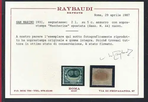 1931 SAN MARINO, Tassen Nr. 44b postfrisch/** Zertifikat. Raybaudi