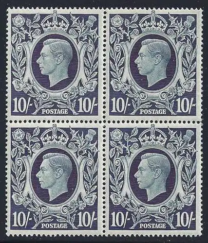 1939 GROSSBRITANNIEN/GROSSBRITANNIEN, Nr. 226 10 sh. blau schwarz MNH/** QUARTINA