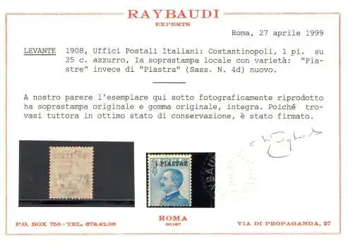 1908 Levante, Konstantinopel, 1 von 25 blauen Platten statt 1 Platte, Sortennr. 4d, MNH** - Raybaudi/Diena Zertifikat