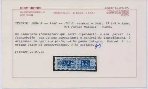 1947 TRIEST A - 100 Lire blau, zweizeiliger Überdruck, Postpakete Nr. 9/I, MNH ** - Blond zertifiziert