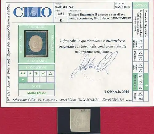 1854 SARDINIEN - Nr. 11 Indigo mnh /** Cilio-Zertifikat