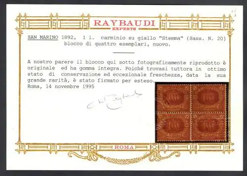 1892 SAN MARINO, Nr. 20 rote Lira QUARTINA große Rarität, Zertifikat. RAYBAUDI GOLD