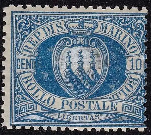 1877 SAN MARINO, Nr. 3A 10 Cent. blau, postfrisch** Cert. Raybaudi GOLD