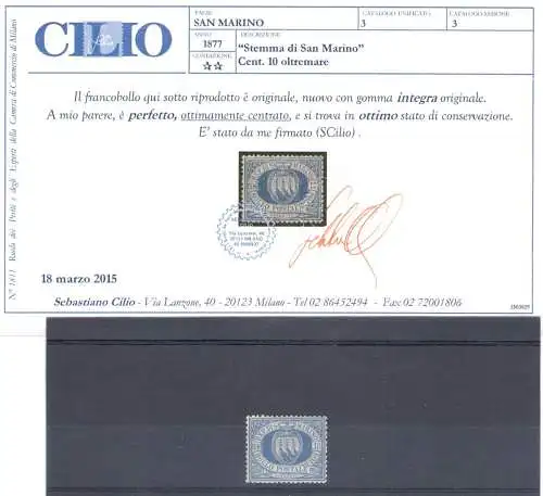 1877 SAN MARINO Wappen Nr. 3 - 10 Cent. Übersee Centratissimo MNH** CILIO zertifiziert