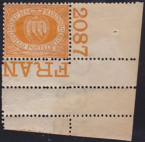1890 SAN MARINO, Nr. 2 5 Cent. MNH gelb** - R.Diena Zertifikat - Tischnummer