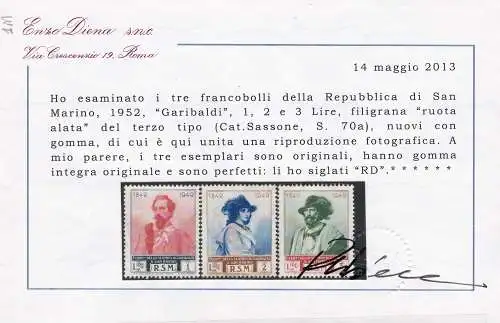 1949 SAN MARINO, Nr. 358/I-360/I, 3 Werte Wasserzeichen Rad III, MNH** Diena Zertifikat