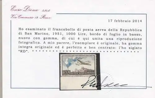 1951 SAN MARINO, PA Nr. 99, 'Flagge', postfrisch**, Diena-Zertifikat