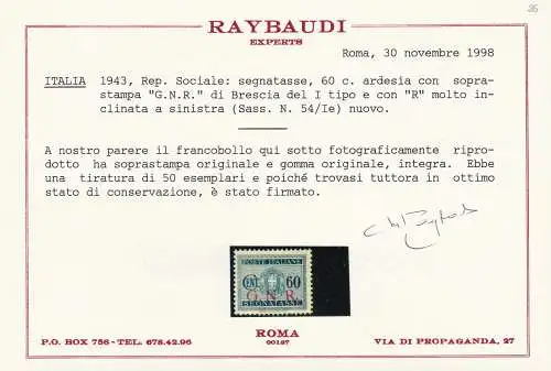 1943 Italienische Sozialrepublik, GNR Steuern 54/Ie Brescia I. Typ INTEGRIERTER GUMMI Raybaudi-zertifiziert