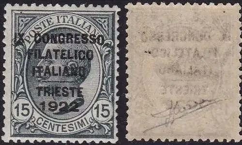 1922 Königreich Italien, Italienischer Philatelistenkongress, Nr. 124 15 Cent. grau MNH/** Sorani zertifiziert CENTER