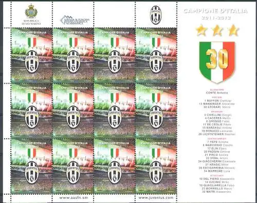 2012 San Marino Juventus italienischer Meister 2011-2012 Minifoglio 12 v postfrisch**