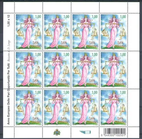 2007 San Marino, Chancengleichheit, Nr. 2165 - Minifol 12 Werte mit Barcode, postfrisch**