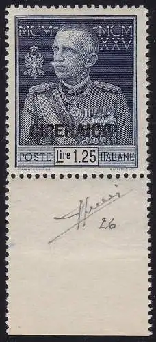 1926 CYRENAICA, Nr. 26 Jubiläum des Königs, Lire 1,25 blau, postfrisch**, Blattrand signiert Sorani, LUXUS