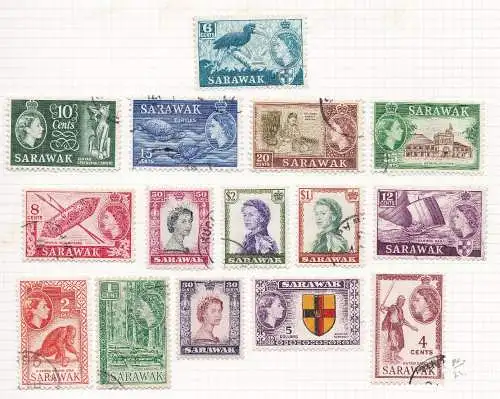 1955-59 SARAWAK, SG Nr. 188/202 Serie von 15 Werten - gebraucht