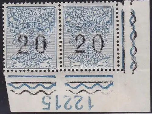 1924 Italien - Königreich, Vignatasse per Vaglia Nr. 1 MNH/** SELTENES PAAR MIT TISCHNUMMER