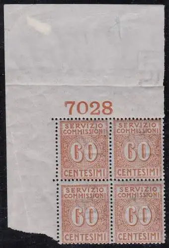 1913 Italien - Königreich, Kommissionsdienst Nr. 2 60c. orange postfrisch/** seltenes viertel mit tischnummer