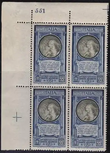 1932 Königreich Italien - Luftpost Nr. 41 - postfrisch** - 100 Lire QUARTINA MIT TABELLENNUMMER