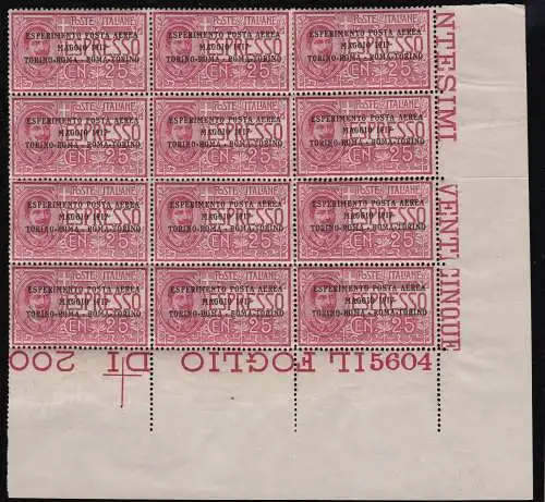 1917 Königreich Italien - PA Nr. 1 mnh /** 12er Block mit zentrierter Tischnummer