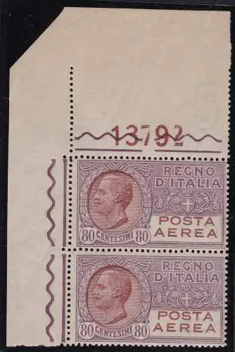 1928 Königreich Italien - PA Nr. 3A POSTFRISCH/** PAAR MIT TISCHNUMMER