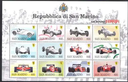 1998 San Marino 50 Jahre Ferrari Minifolo mit 12 mnh Werten ** Bf 58
