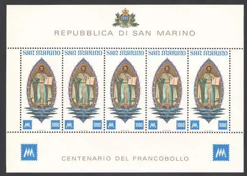 1977 San Marino Centenario dei Primi Minifolio Briefmarken mit 5 Werten MNH ** Bf 38
