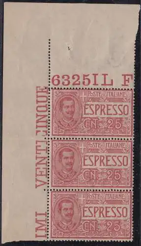 1903 KÖNIGREICH ITALIEN, Espresso Nr. 1 DREISTREIFEN MIT TABELLNUMMER MNH/**