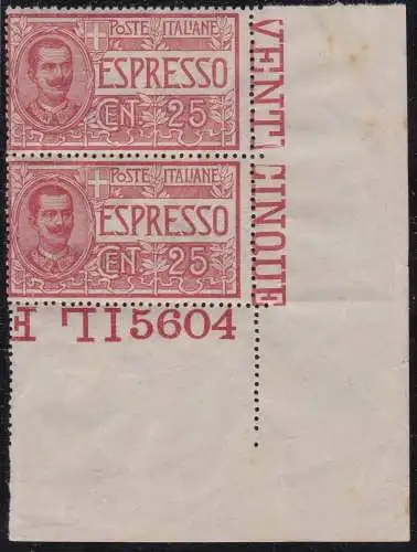 1903 KÖNIGREICH ITALIEN, Espresso Nr. 1 PAAR MIT TISCHNUMMER POSTFRISCH/**
