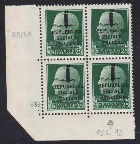 1944 RSI, Nr. 491 25 Cent. grüne Auflage von Rom postfrisch/** 4er block mit tabellnummer und sorten