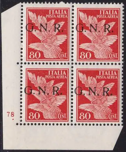 1944 RSI, Luftpost - Nr. 120 - 80 Cent. orange postfrisch ** 4er block mit tischnummer Signatur Olive / Schlüssel