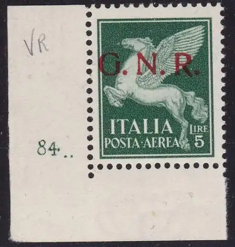 1944 RSI, Luftpost - 123 5 Lire grün postfrisch ** TABELLNUMMER Olive Signatur
