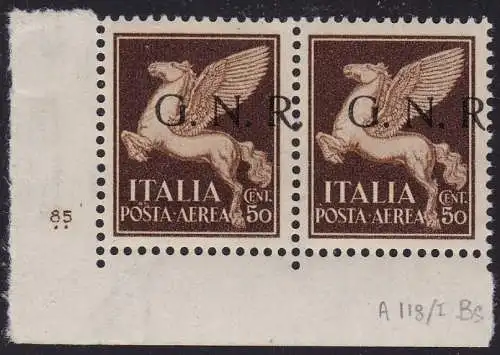 1944 RSI, Luftpost - 118/I Brescia 50 Cent. braun postfrisch /** paar mit tischnummer