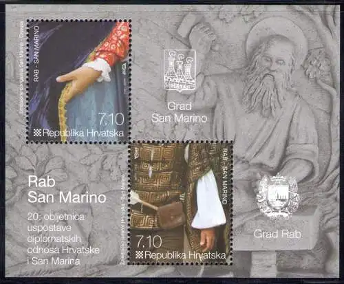 2012 Kroatien 20. Jahrestag Diplomatische Beziehungen Gemeinsame Ausgabe mit San Marino Blatt MNH**