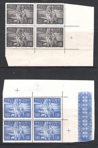 1948 Vatikan, prächtiges QBlocco di Quattro, Blattecke, Luftpost, Tobia Nr. 16/17 - 2 Werte - postfrisch** zentriert