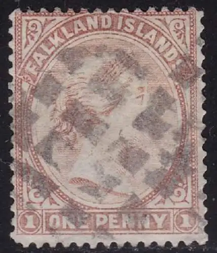 1885 FALKLAND - SG Nr. 7 1d Blassklaret gebraucht (Korklöschung) Wmk 1 R. DREHER DEFEKT