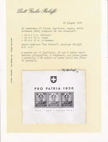 1936 SCHWEIZ, Broschüre Nr. 2, Pro Patria MNH** Bolaffi-Zertifikat