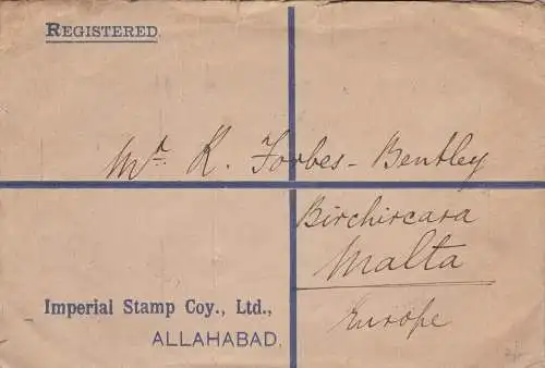 1926 INDIEN, Tricolor Reg. Brief von Allahabad nach Malta mit Georg V. interessantes Porto