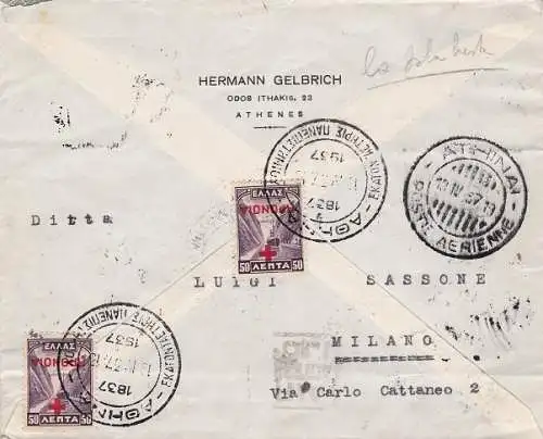 1937 GRIECHENLAND/GRIECHENLAND, Nr. 421 3d. Viertelgelbbraun auf Brief nach Mailand (Posta Aerea)