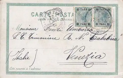 1905 ÖSTERREICHISCHER LEST, AK von Konstantinopel (Militär) nach Venedig frankiert mit einem Paar Nr. 39 10 Para blaugrün