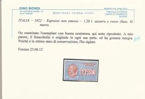 1922 ITALIEN - KÖNIGREICH, Lire 1,20 blau und rot Espresso Nr. 8 mnh**