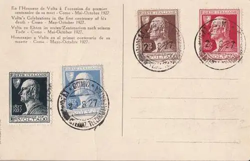 1927 Königreich Italien, Postkarte 'Ehren zu Volta I. 100. Todestag mit Sonderabsage