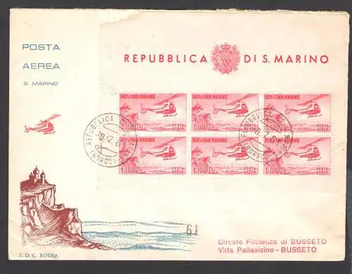 1961 SAN MARINO, Umschlag Rhodia, Luftpost Blatt 1.000 Hubschrauber, 6.7.1961 von San Marino Borgo nach Busseto, seitlicher Riss